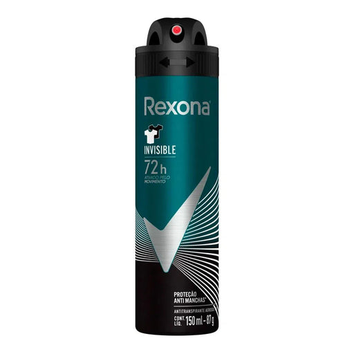 Lata preta e verde-azulada do desodorante aerossol Rexona Men Invisible 72h, 150 ml