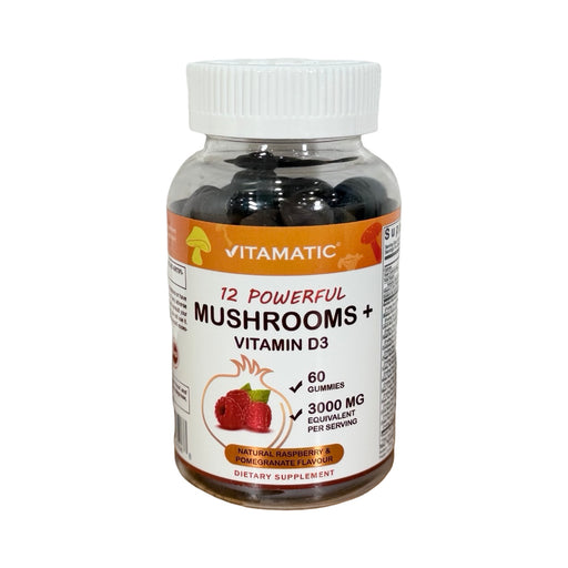 Frasco de Gummies 12 Cogumelos com Vitamina D3 Vitamatic, rótulo laranja e branco, sabor framboesa e romã, 60 gomas