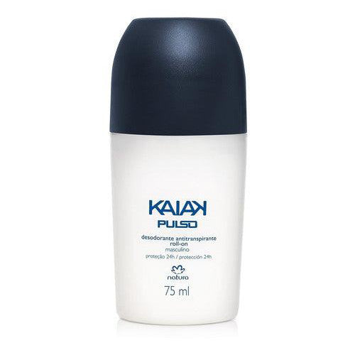 Desodorante roll-on Natura Kaiak Pulso Masculino 75 ml, frasco branco com tampa azul-marinho