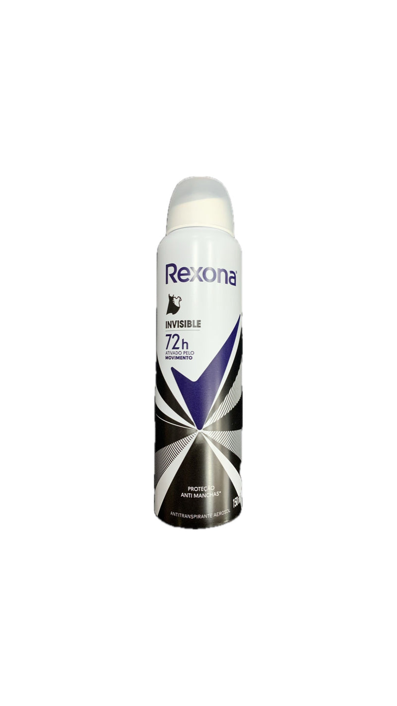 Lata branca e roxa do desodorante aerossol Rexona Invisible feminino 72h, 150 ml
