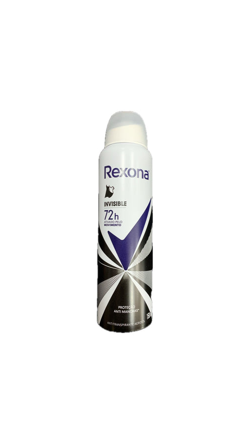 Lata branca e roxa do desodorante aerossol Rexona Invisible feminino 72h, 150 ml