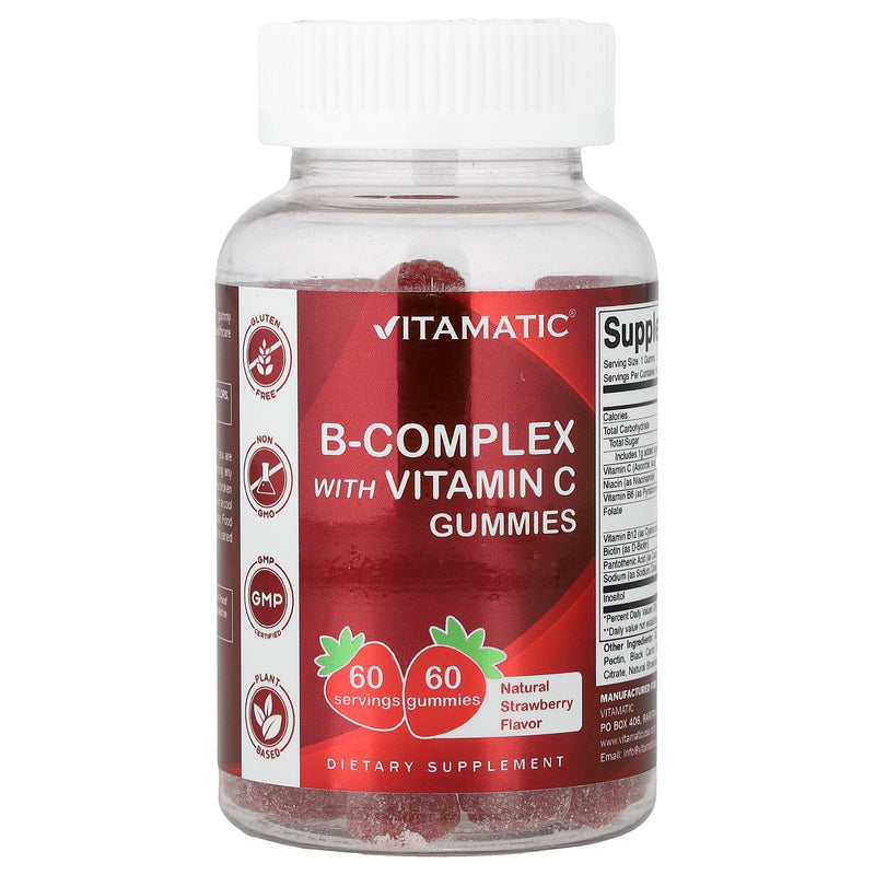Frasco de Gummies de Complexo B com Vitamina C Vitamatic sabor morango, 60 gomas