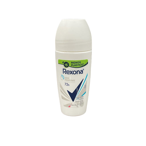 Frasco branco do desodorante roll-on Rexona Sem Perfume feminino, 50 ml
