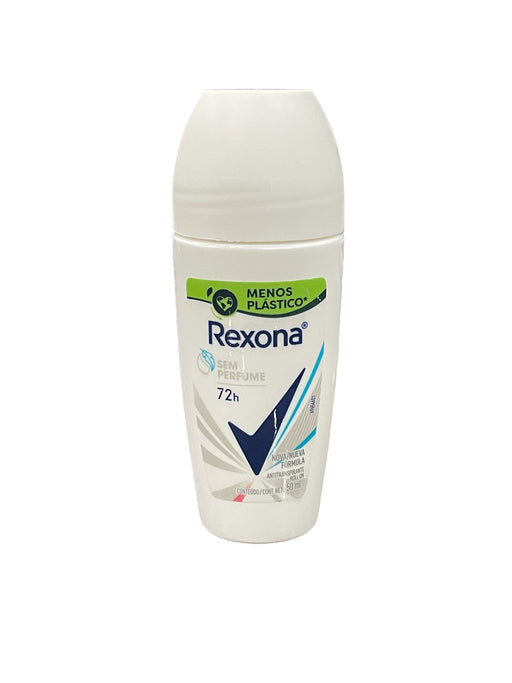 Frasco branco do desodorante roll-on Rexona Sem Perfume feminino, 50 ml