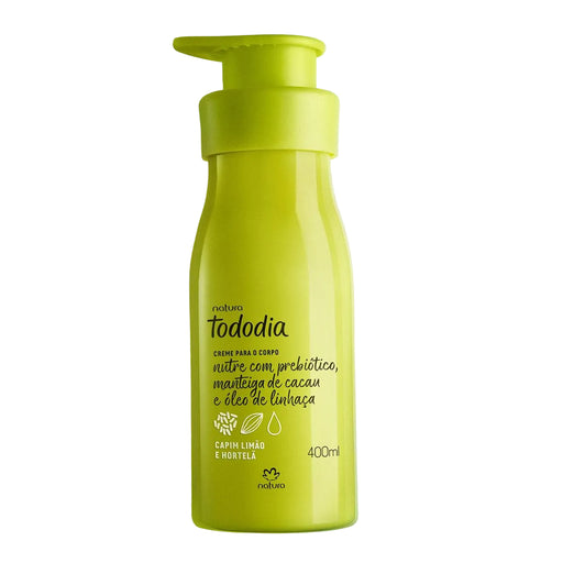 Frasco do creme para o corpo Natura Tododia Capim-Limão e Hortelã 400 ml, cor verde-limão, com válvula pump