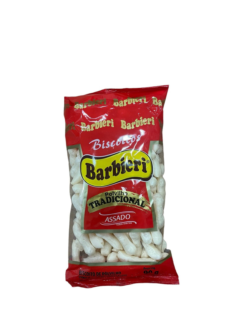 Pacote do Biscoito de Polvilho Barbieri Tradicional assado de 90 g, com os biscoitos em palito à mostra