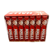Caixa display aberta de Bala Halls Morango com os sticks de 28 g lado a lado