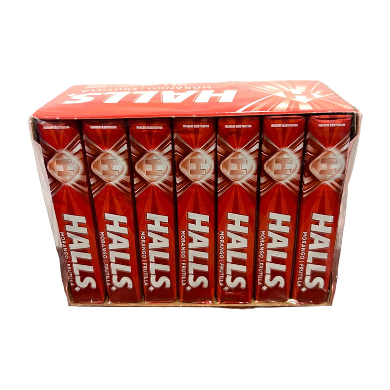 Caixa display aberta de Bala Halls Morango com os sticks de 28 g lado a lado