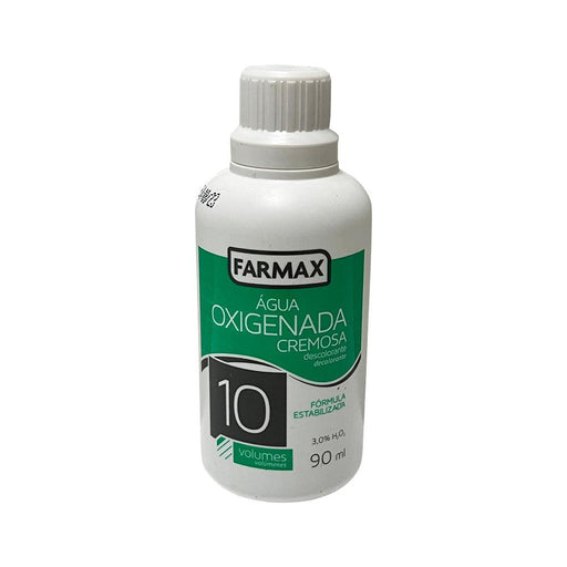 Frasco branco de Água Oxigenada Cremosa Farmax 10 volumes, 90ml, rótulo verde