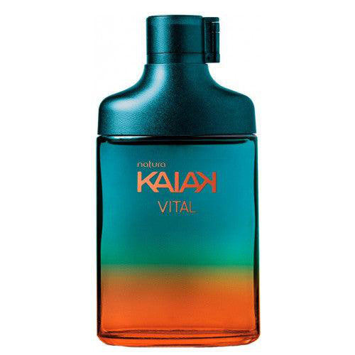 Frasco do perfume Natura Kaiak Vital Masculino 100 ml, vidro verde-azulado e laranja