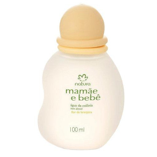 Frasco da água de colônia Natura Mamãe e Bebê Flor de Laranjeira sem álcool 100 ml, frasco branco com tampa pêssego