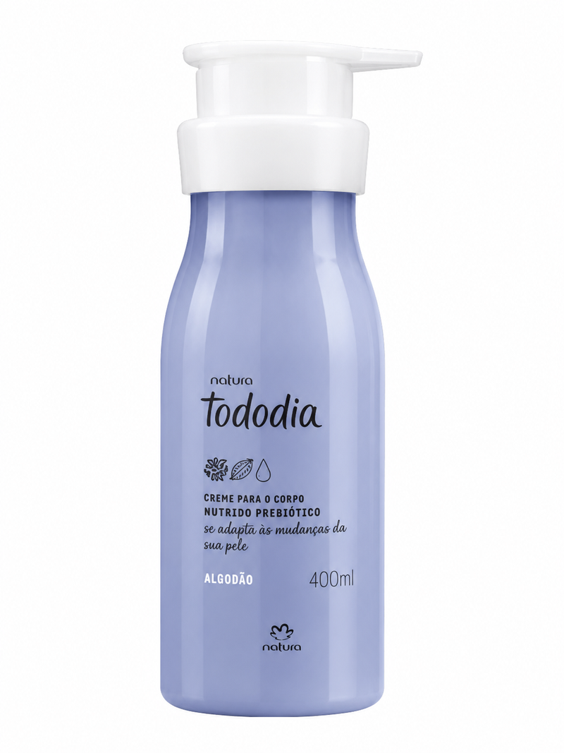 Frasco do creme para o corpo Natura Tododia Algodão 400 ml, cor azul-lavanda, com válvula pump