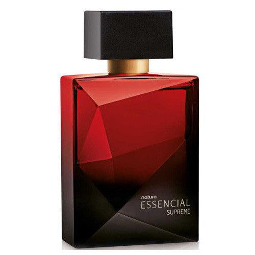 Frasco do perfume Natura Essencial Supreme Masculino 100 ml, vidro vermelho com tampa preta