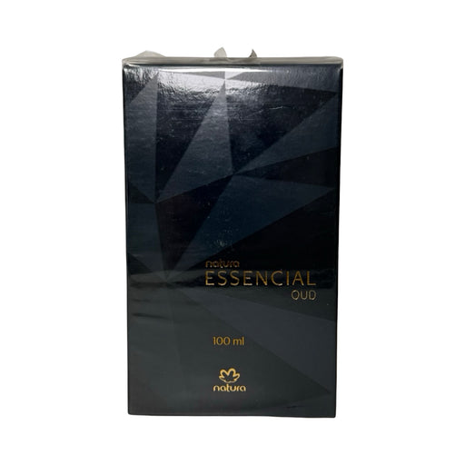 Caixa do perfume Natura Essencial Oud 100 ml, embalagem preta geométrica com letras douradas