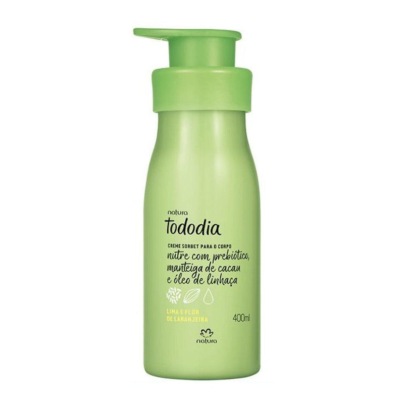 Frasco do creme sorbet Natura Tododia Lima e Flor de Laranjeira 400 ml, cor verde, com válvula pump