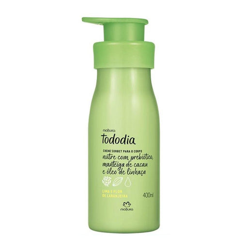 Frasco do creme sorbet Natura Tododia Lima e Flor de Laranjeira 400 ml, cor verde, com válvula pump