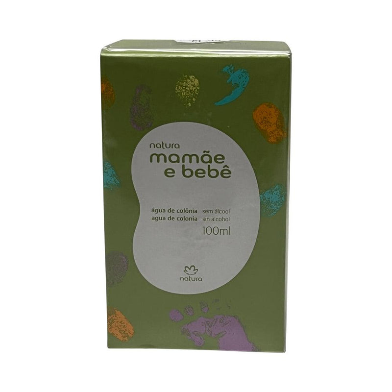 Caixa da água de colônia Natura Mamãe e Bebê sem álcool 100 ml, embalagem verde com marcas de mãozinhas