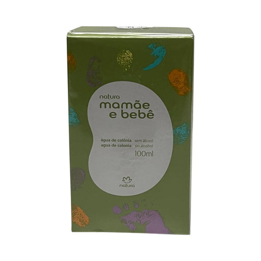 Caixa da água de colônia Natura Mamãe e Bebê sem álcool 100 ml, embalagem verde com marcas de mãozinhas