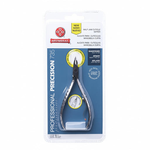 Alicate de cutícula Mundial Professional Precision 735 na embalagem azul