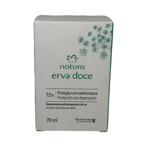 Caixa do desodorante roll-on Natura Erva Doce 70 ml, embalagem branca com flores verdes