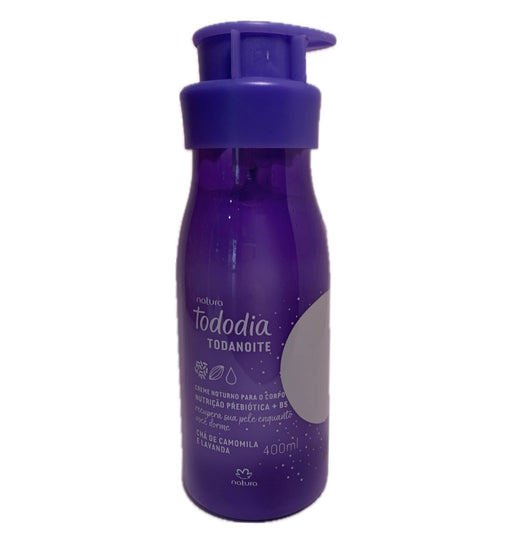 Frasco do creme noturno Natura Tododia Todanoite 400 ml, roxo com válvula pump
