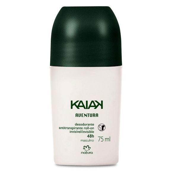 Desodorante roll-on Natura Kaiak Aventura Masculino 75 ml, frasco branco com tampa verde-escura