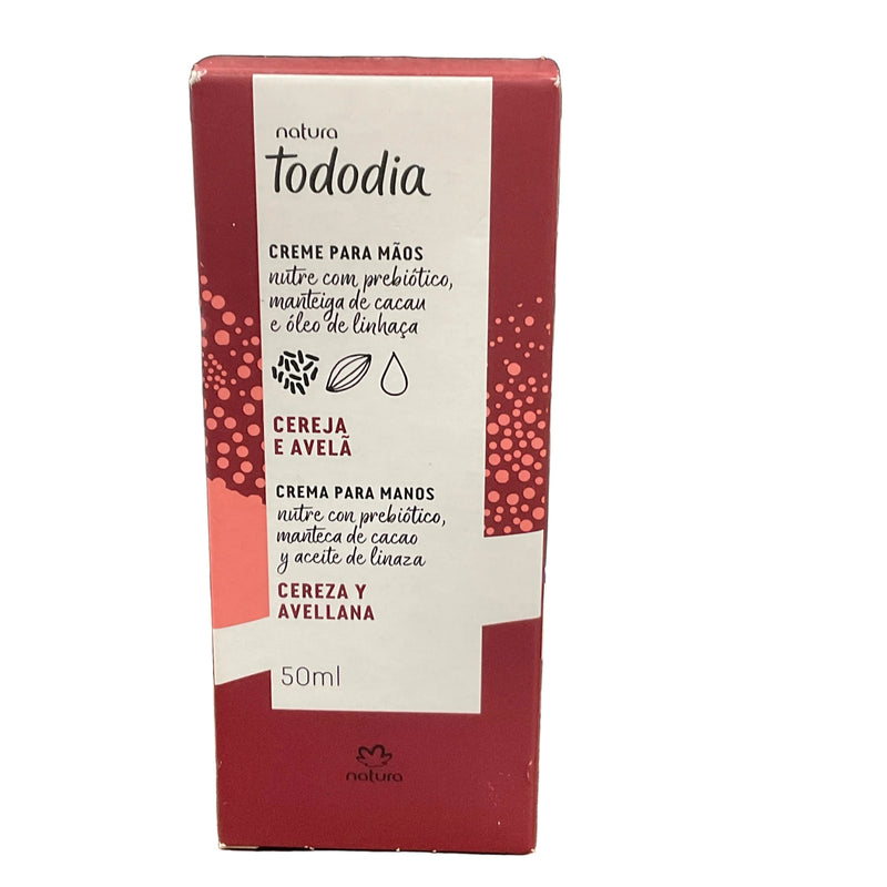 Caixa do creme para mãos Natura Tododia Cereja e Avelã 50 ml, embalagem vinho e branca