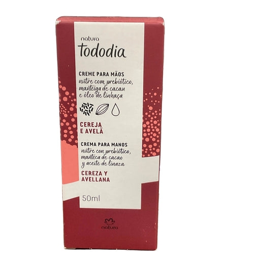 Caixa do creme para mãos Natura Tododia Cereja e Avelã 50 ml, embalagem vinho e branca