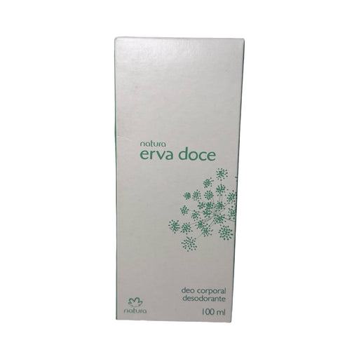 Caixa do deo corporal Natura Erva Doce 100 ml, embalagem branca com flores verdes