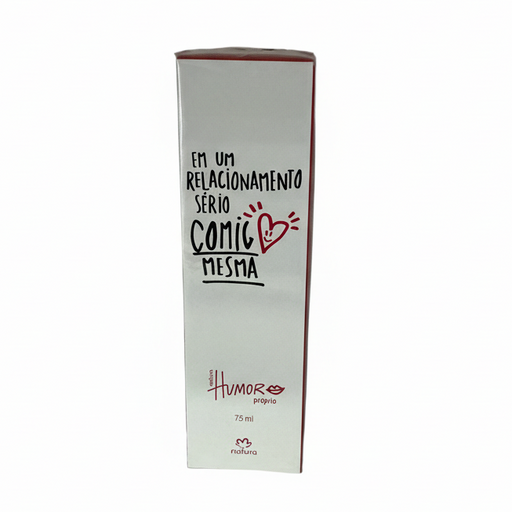 Caixa do perfume Natura Humor Próprio 75 ml com a frase "Em um relacionamento sério comigo mesma"
