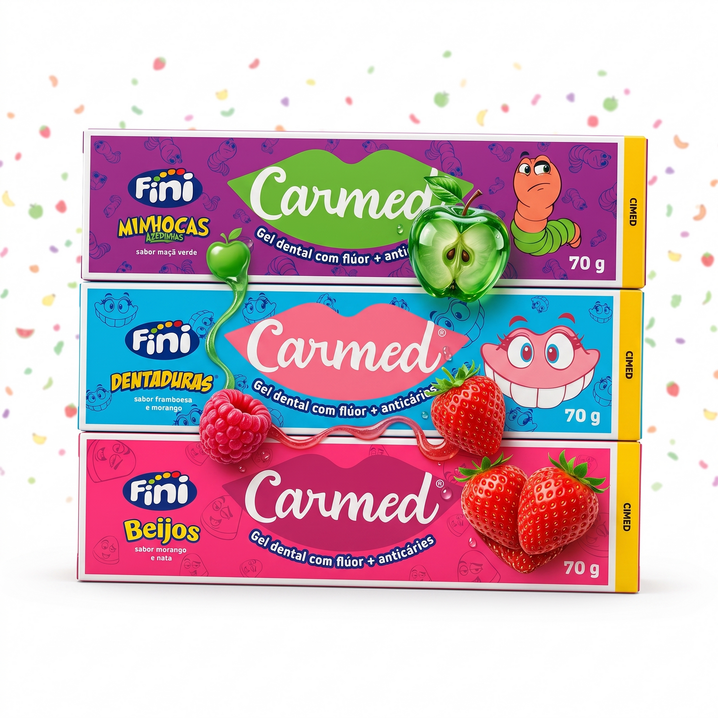 Kit Trio Gel Dental Carmed Fini (Minhocas, Dentaduras, Beijos) – 3 Unidades de 70g