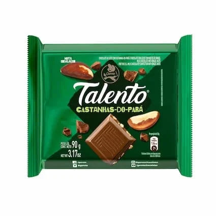 Tablete de chocolate Garoto Talento ao leite com castanhas-do-pará de 90 g, embalagem verde