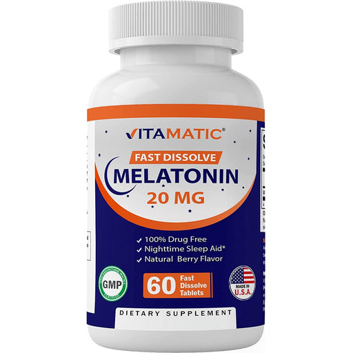 Frasco de Melatonina 20 mg Vitamatic de dissolução rápida sabor frutas vermelhas, 60 comprimidos