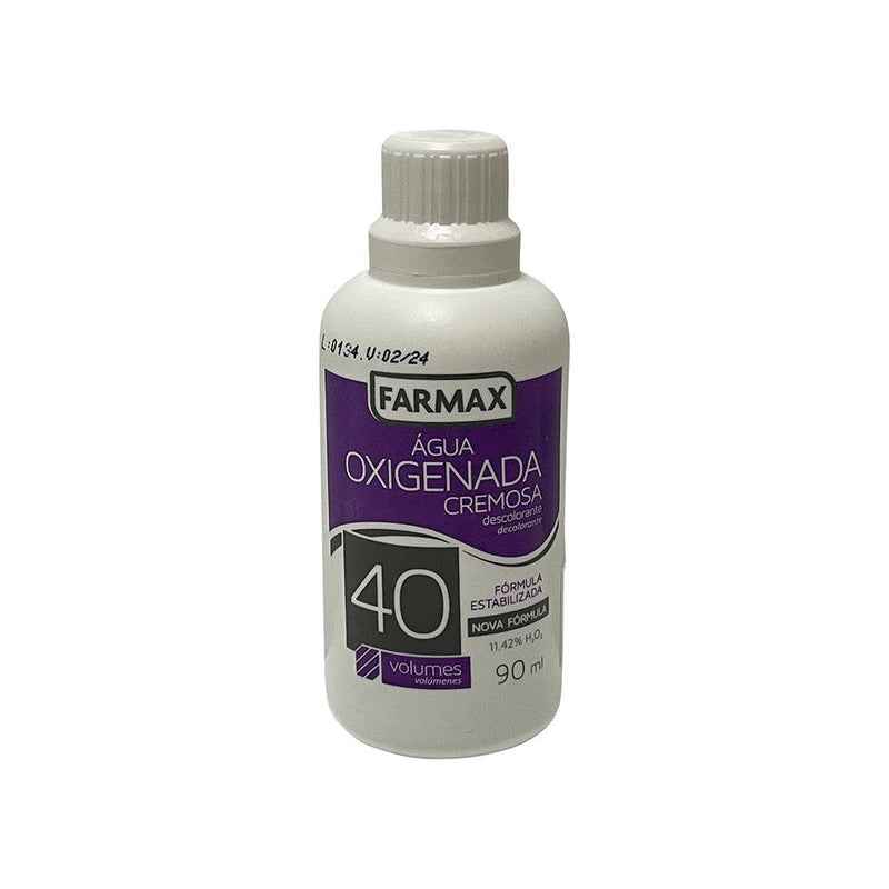 Frasco branco de Água Oxigenada Cremosa Farmax 40 volumes, 90ml