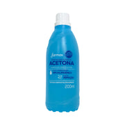 Frasco azul de 200 ml da Acetona Farmax, removedor de esmalte com hidratante hipoalergênico