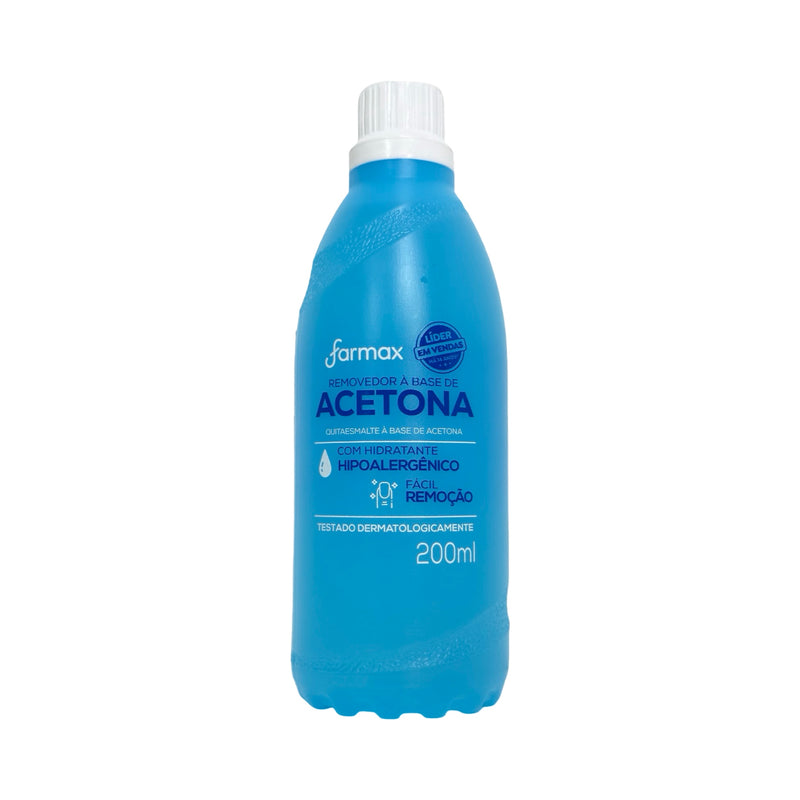 Frasco azul de 200 ml da Acetona Farmax, removedor de esmalte com hidratante hipoalergênico