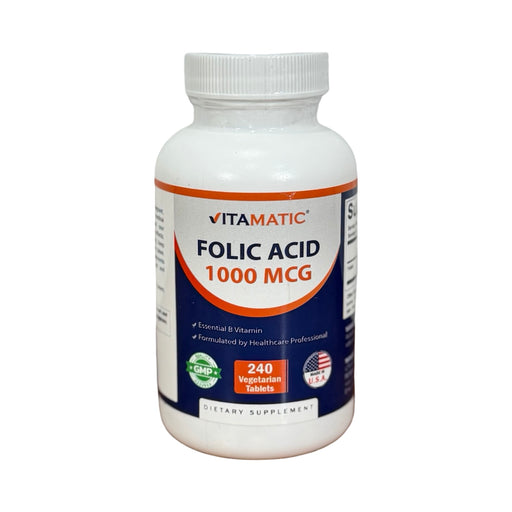 Frasco branco de Ácido Fólico 1000 mcg Vitamatic, rótulo azul e laranja, 240 comprimidos vegetarianos