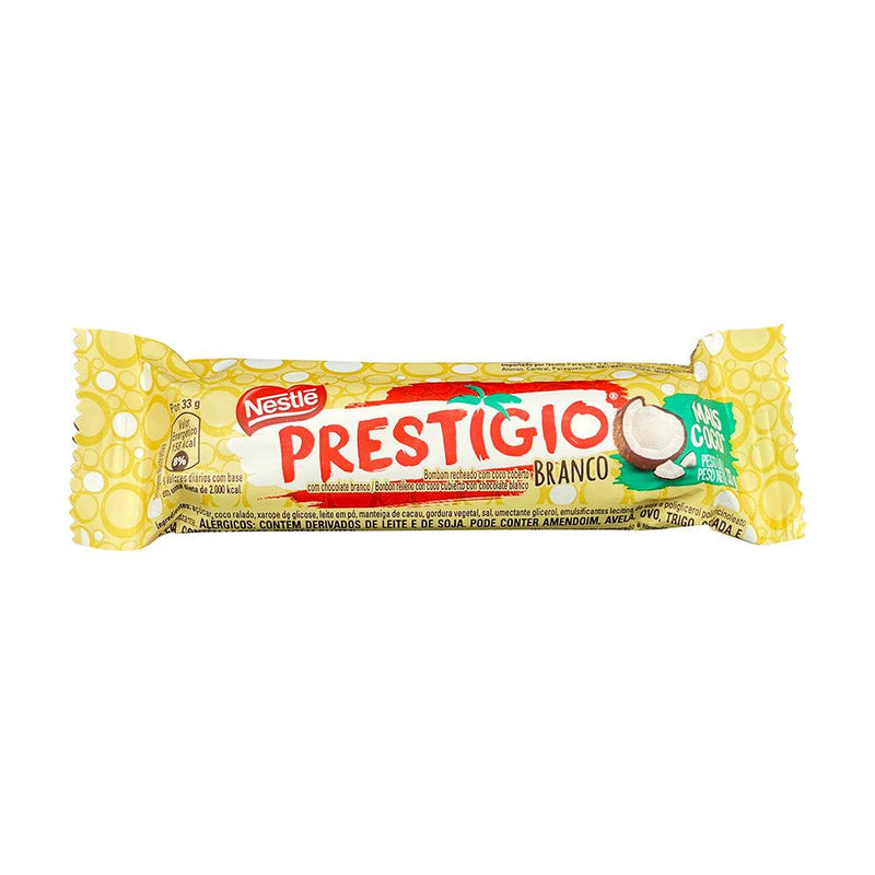 Embalagem do chocolate Prestígio Branco Nestlé de 33 g, com recheio de coco e cobertura de chocolate branco