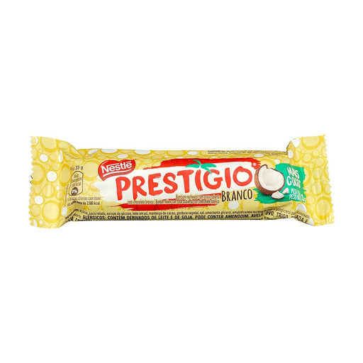 Embalagem do chocolate Prestígio Branco Nestlé de 33 g, com recheio de coco e cobertura de chocolate branco