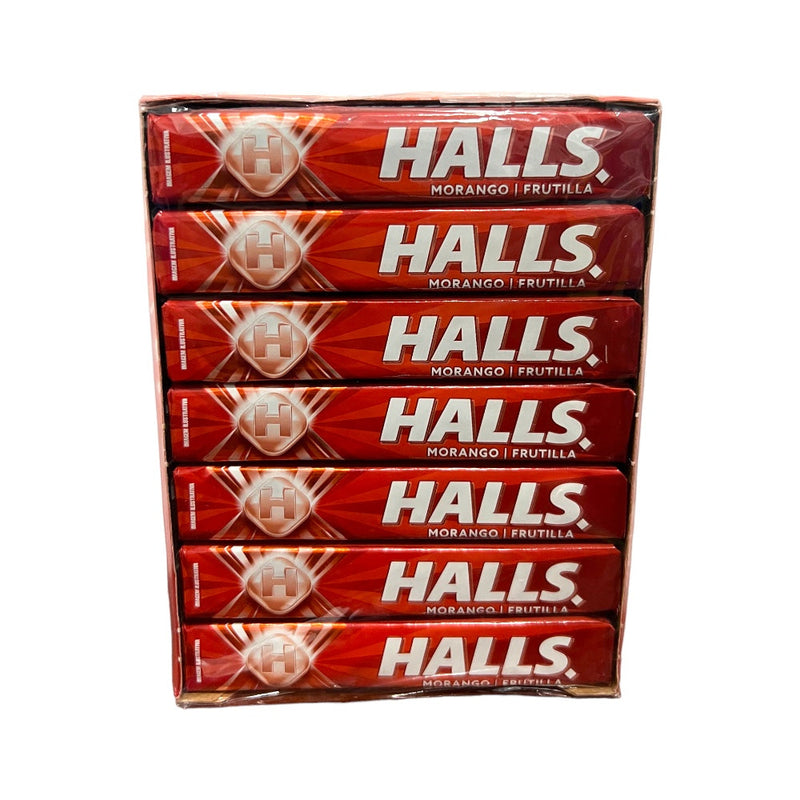 Caixa display de Bala Halls Morango vista de frente, com os sticks de 28 g empilhados