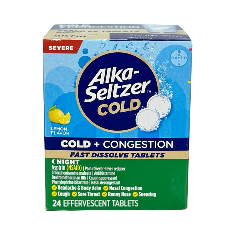 Caixa de Alka-Seltzer Cold Severe Cold + Congestion Night sabor limão, 24 comprimidos efervescentes