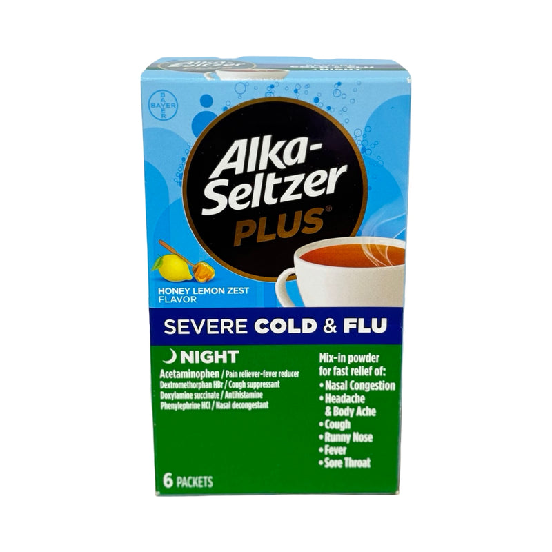 Caixa de Alka-Seltzer Plus Severe Cold & Flu Night sabor mel e limão, com 6 envelopes de pó