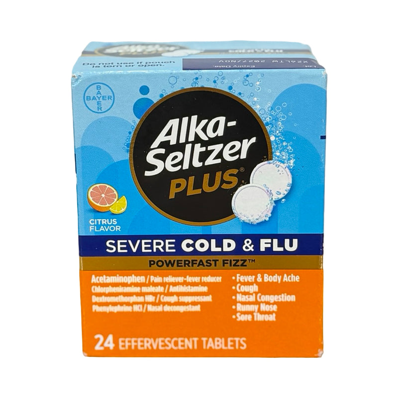 Caixa de Alka-Seltzer Plus Severe Cold & Flu PowerFast Fizz sabor cítrico, 24 comprimidos efervescentes