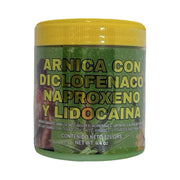 Pote de 125 g da pomada Arnica con Diclofenaco, Naproxeno y Lidocaína, com tampa amarela e rótulo verde