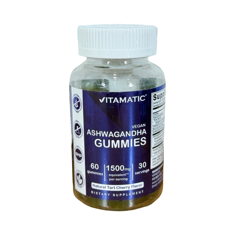Frasco transparente de Gummies veganas de Ashwagandha Vitamatic 1500 mg, rótulo roxo, sabor cereja, 60 gomas