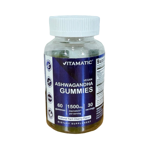 Frasco transparente de Gummies veganas de Ashwagandha Vitamatic 1500 mg, rótulo roxo, sabor cereja, 60 gomas