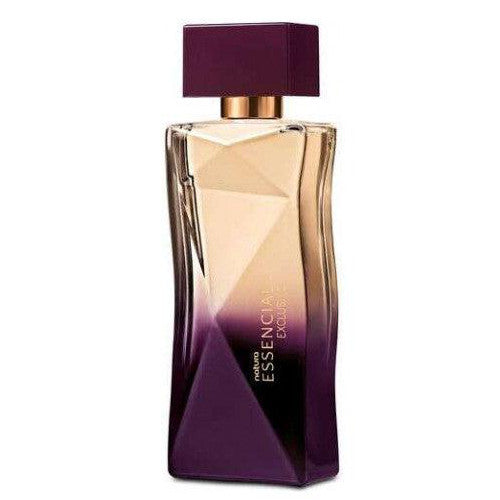 Frasco do perfume Natura Essencial Exclusivo Feminino 100 ml, vidro em degradê dourado e roxo