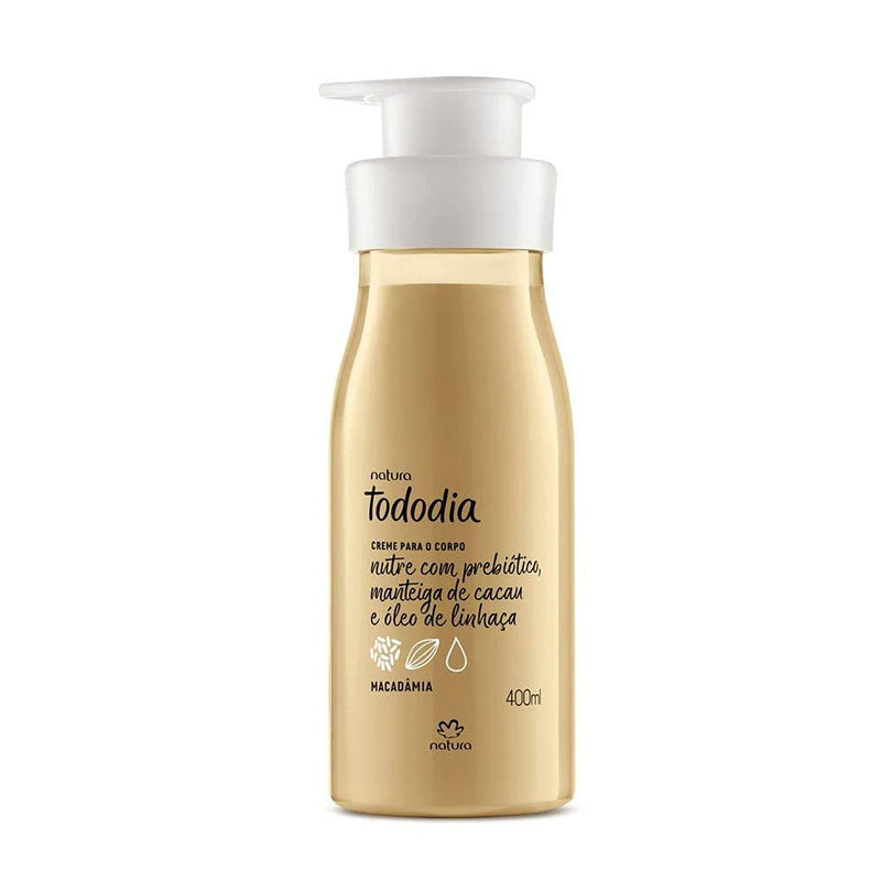 Frasco do creme para o corpo Natura Tododia Macadâmia 400 ml, cor dourado, com válvula pump