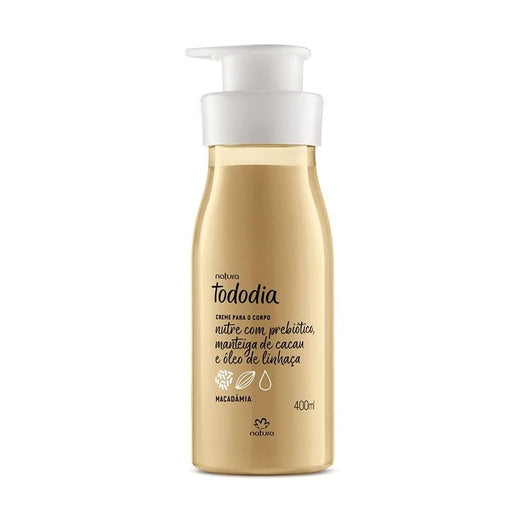 Frasco do creme para o corpo Natura Tododia Macadâmia 400 ml, cor dourado, com válvula pump