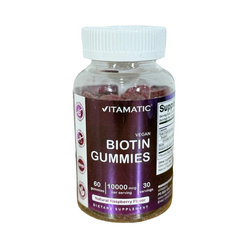 Frasco transparente de Gummies veganas de Biotina Vitamatic 10.000 mcg, rótulo roxo, sabor framboesa, 60 gomas